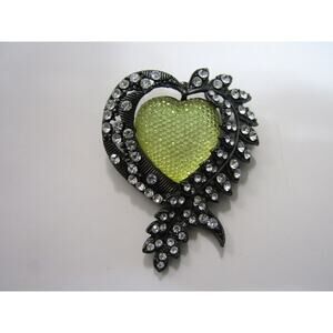 VTG Silver Tone Heart Rhinestone Brooch Boho Art Deco Cottagecore Whimsigoth‎